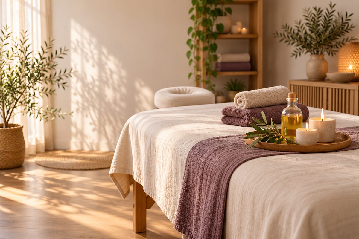 Ruhiger, warm beleuchteter Behandlungsraum mit gefalteten Handtüchern, Kerzen und einer Schale Massageöl (KI-generiertes Bild)