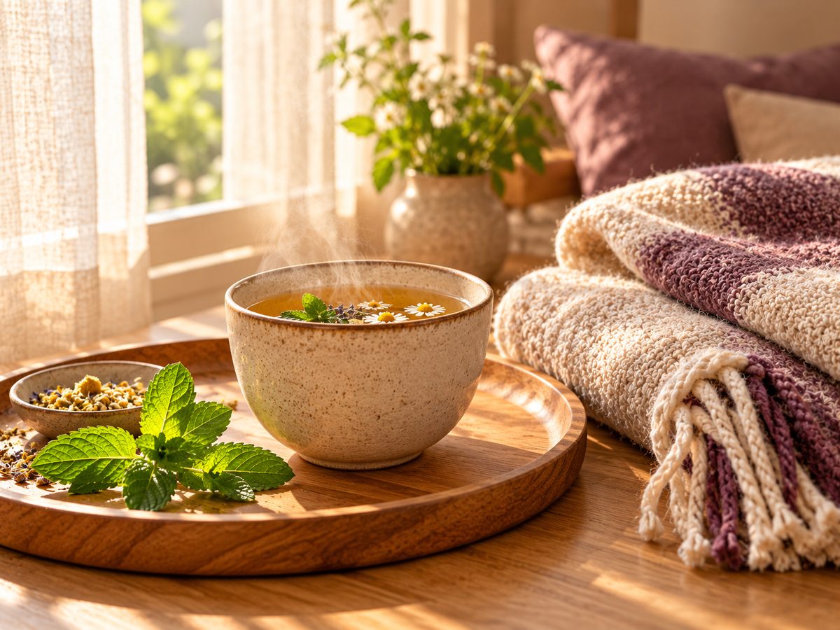 Eine Tasse Kräutertee auf einem Holztablett neben einer zusammengelegten Wolldecke (KI-generiertes Bild)